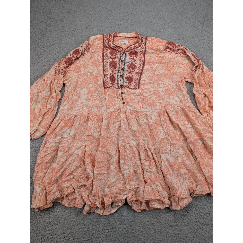 Anthropologie Peach Floral Tiered Tunic with Embroidered Yoke
